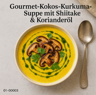 Gourmet-Kokos-Kurkuma-Suppe mit Shiitake & Korianderöl