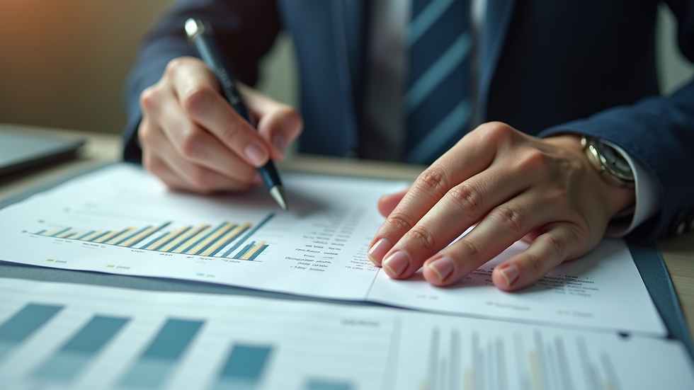 High angle view of a person analyzing financial documents