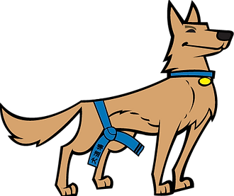 dog with a beacon from tag with text in oval.