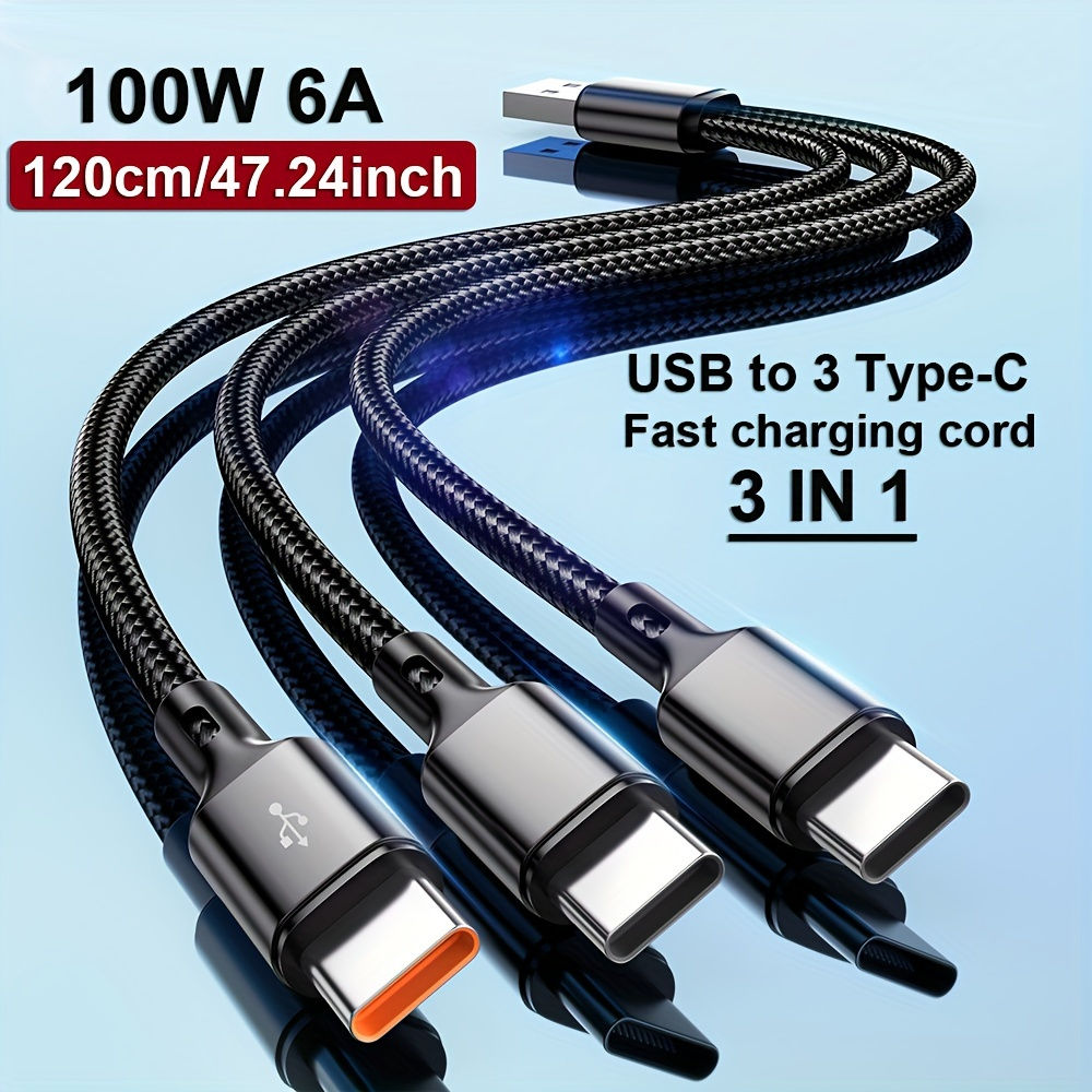 3 In 1 USB-Type C 100W Fast Charging USB A-3Type-C Data Cable For Samsung S24 Xi