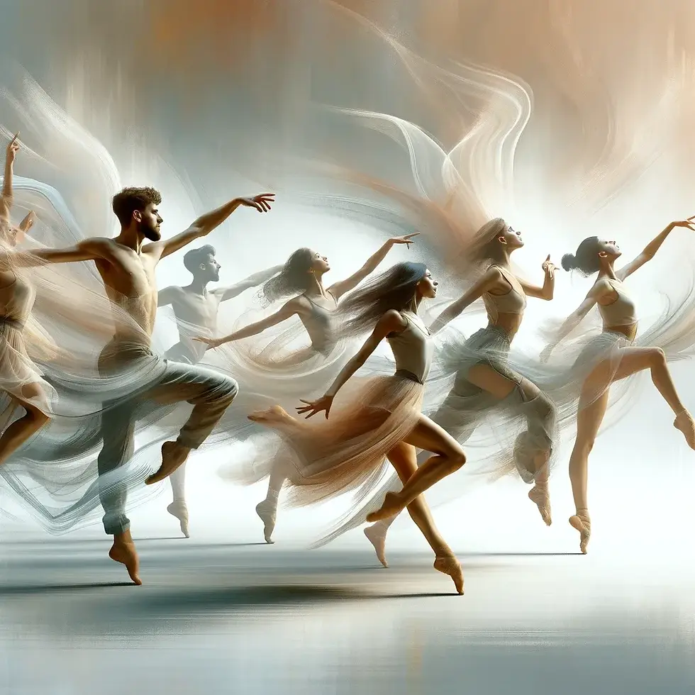 Groupe éthéré de danseurs contemporains en plein mouvement, capturant l'esprit de liberté et d'innovation.