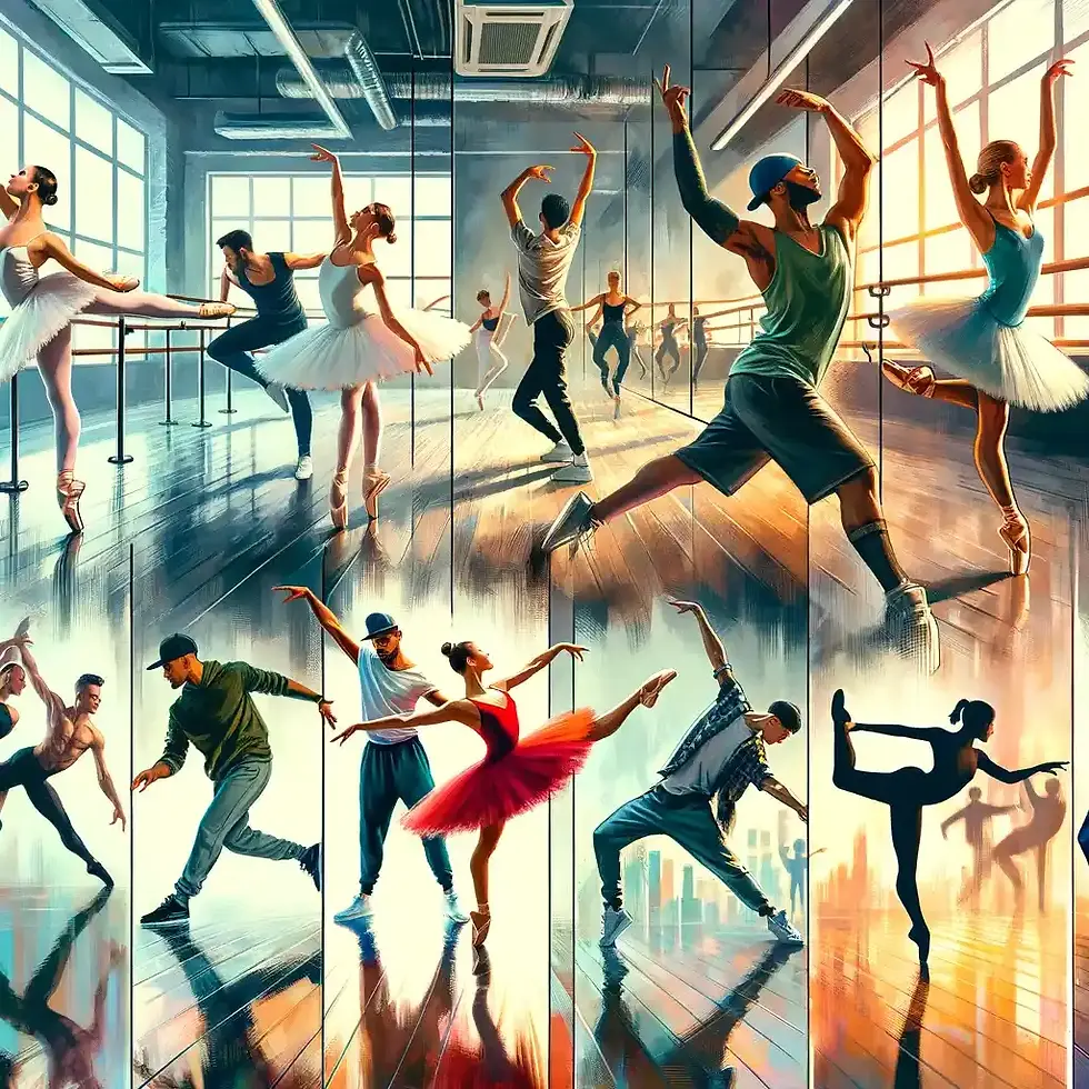 Reflet d'un studio de danse où coexistent différents styles, soulignant le potentiel d'apprentissage et d'exploration.