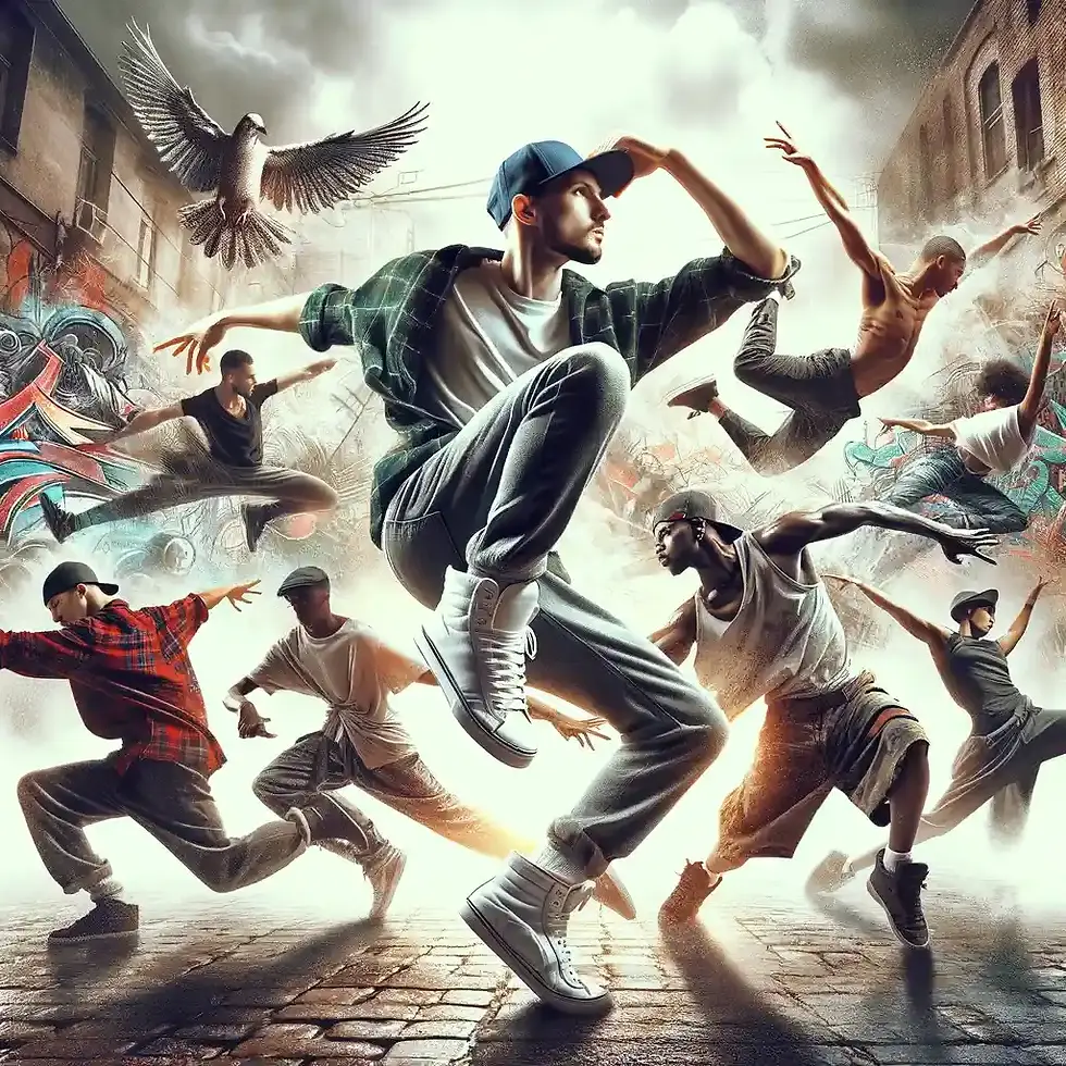 Mouvements captivants de danseurs de hip-hop, écho de la culture urbaine et de la narration corporelle.