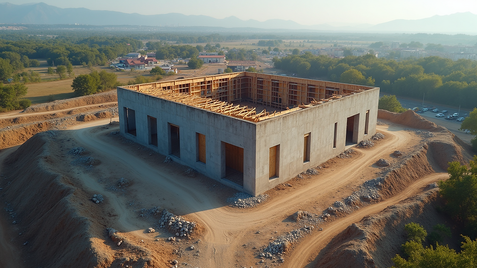 High angle view of construction site with a partially built structure
