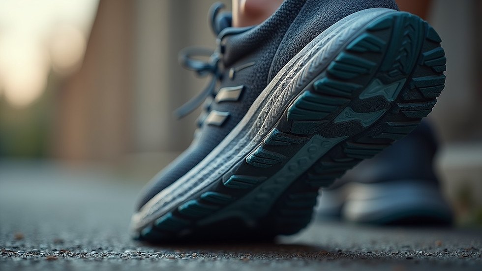 Close-up view of running shoe sole with detailed tread pattern