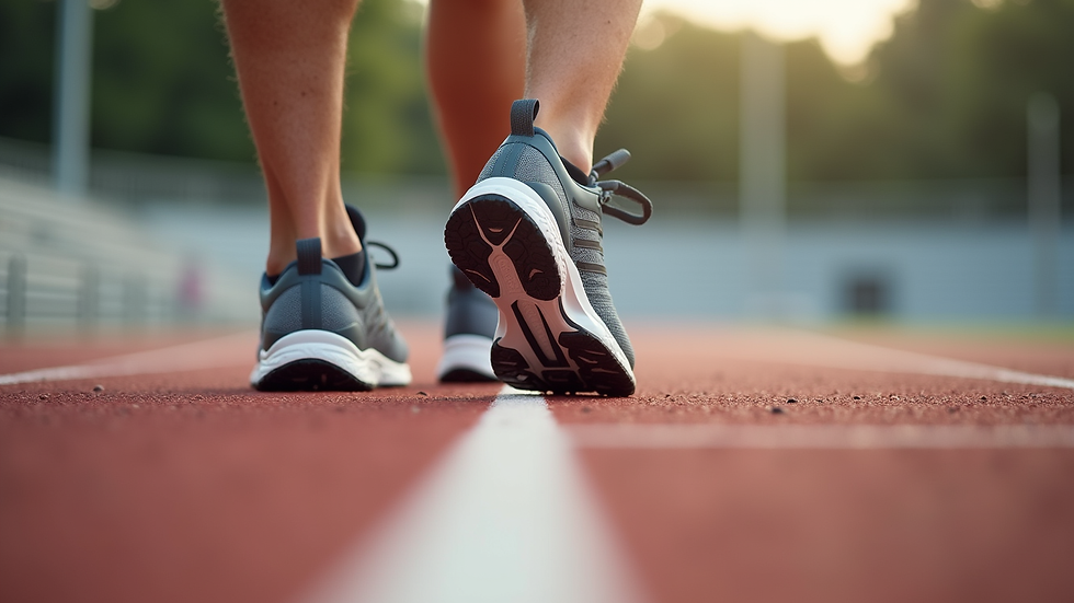 Close-up view of running shoes on a track ready for sprint