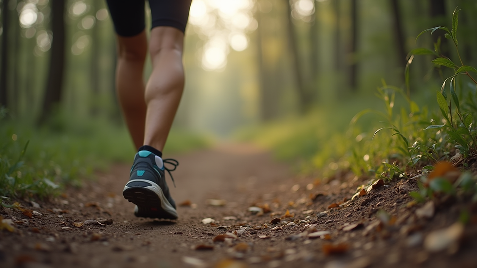 Eye-level view of a runner's shoes on a forest trail