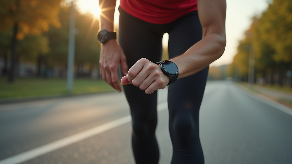 Eye-level view of a runner checking a smartwatch during training