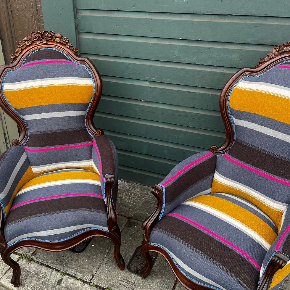 Thumbnail: Antique Striped Upholstered Armchairs ( all new upholstery / set of 2 )