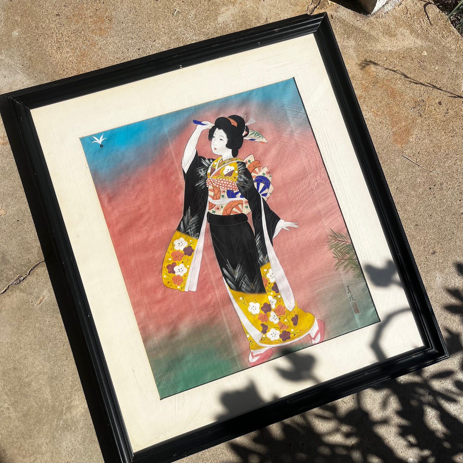 Mid Century Japanese Gouache of Geisha on Silk