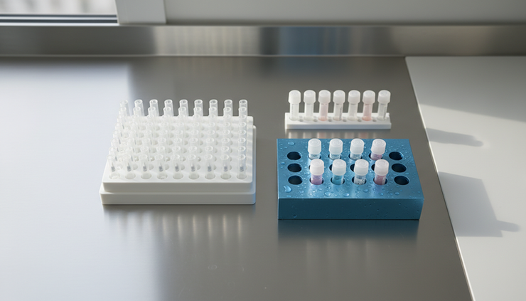 Top-down view of a pipette tip rack labelled for PCR use with small reagent tubes nearby