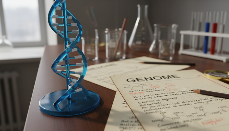 Close-up view of a DNA model beside handwritten genome notes