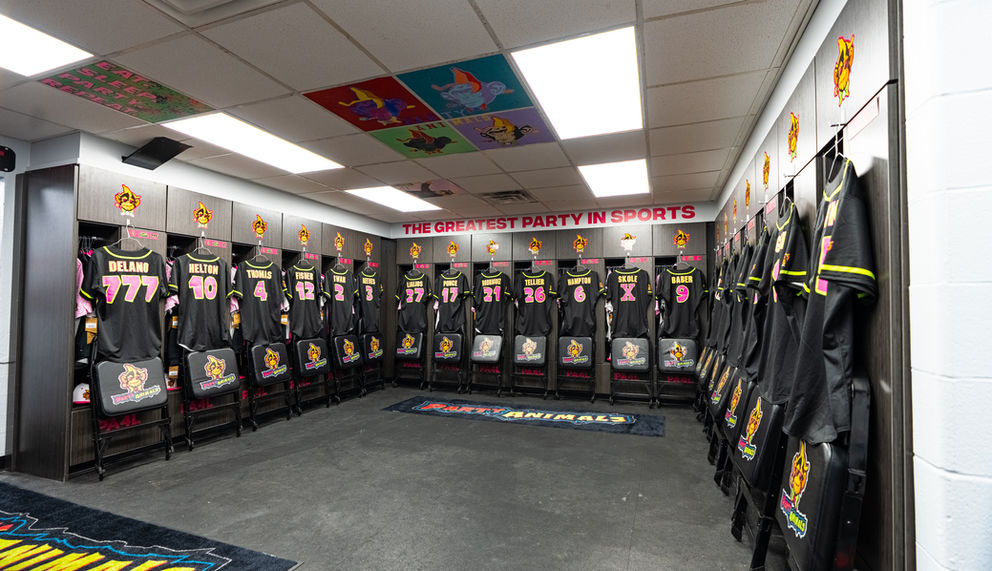 The renovated Savannah Bananas and Party Animals locker room in historic Grayson Stadium in Savannah, GA  renovated by JDR Construction and Design, Inc. 