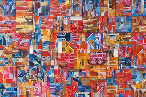 Pittura astratta colorata con sagome geometriche complesse e frammentate.