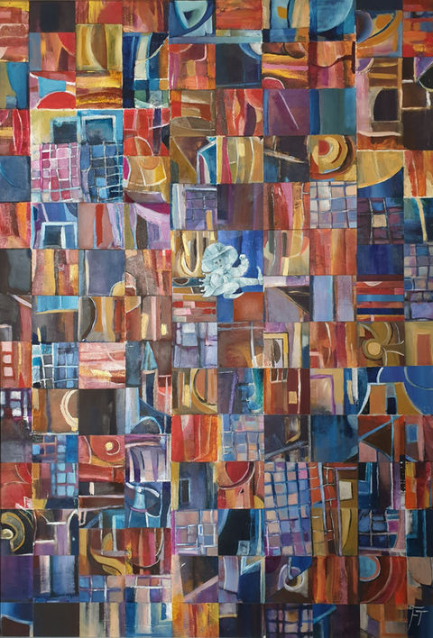 Pittura astratta a mosaico con colori caldi e freddi, dettagli intricati.