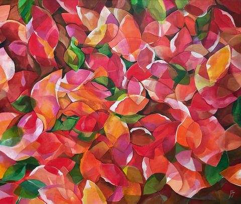 Pittura astratta di foglie autunnali vibranti nei toni rosso, arancione e verde.