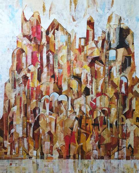 Pittura astratta di forme geometriche e edifici in toni caldi e terrosi.