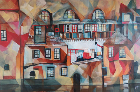 Dipinto astratto di case colorate con riflessi geometrici nell'acqua.