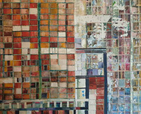 Opera d'arte mosaico astratta con molti piccoli quadrati colorati disposti in motivi.