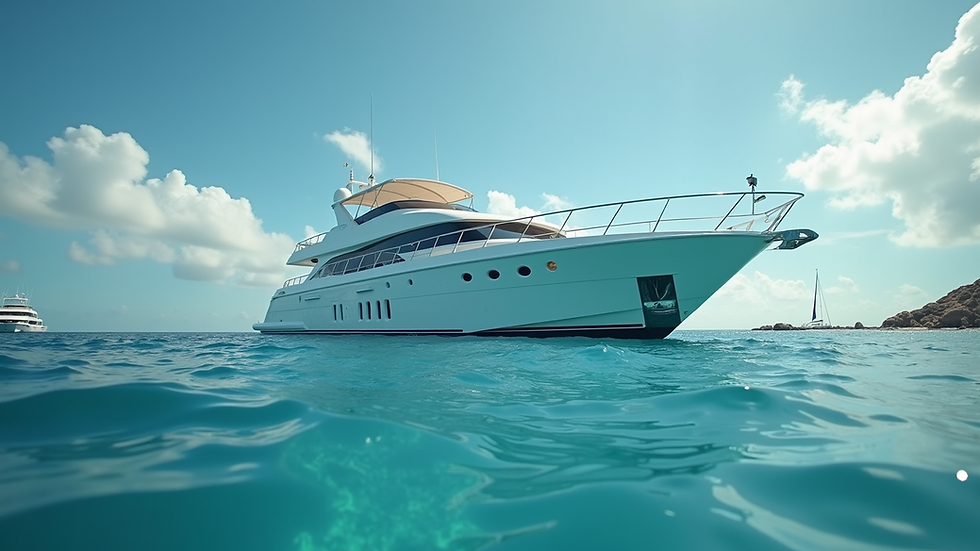 Eye-level view of a luxurious yacht anchored in the Bahamas