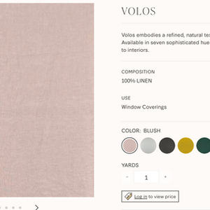 Photo of textile with product description and colors offered.