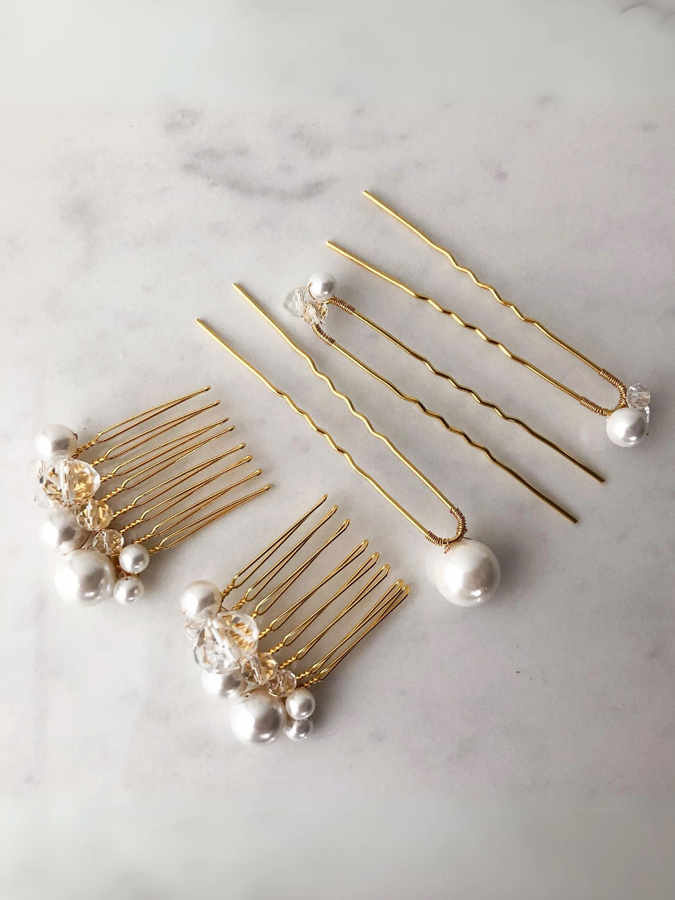 Thumbnail: crystal and pearl hair comb and pin set side view