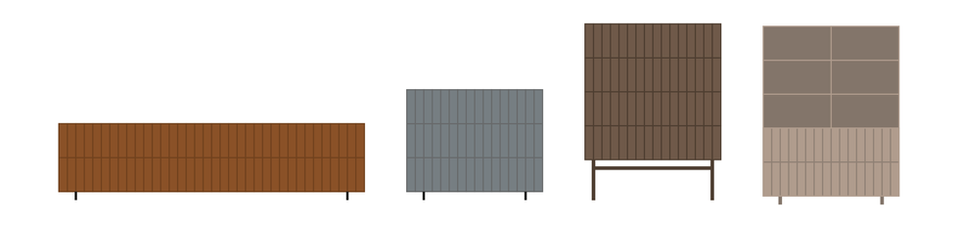 2D graphic visuals developed by Studio ONS to communicate the concept and modular rhythm of the DYYK designer cabinet collection, by Nathalie Schellekens.