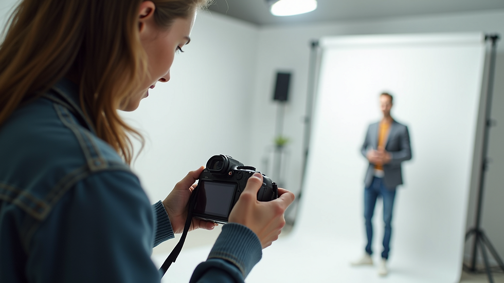 Eye-level view of a photographer capturing a product in a bright studio