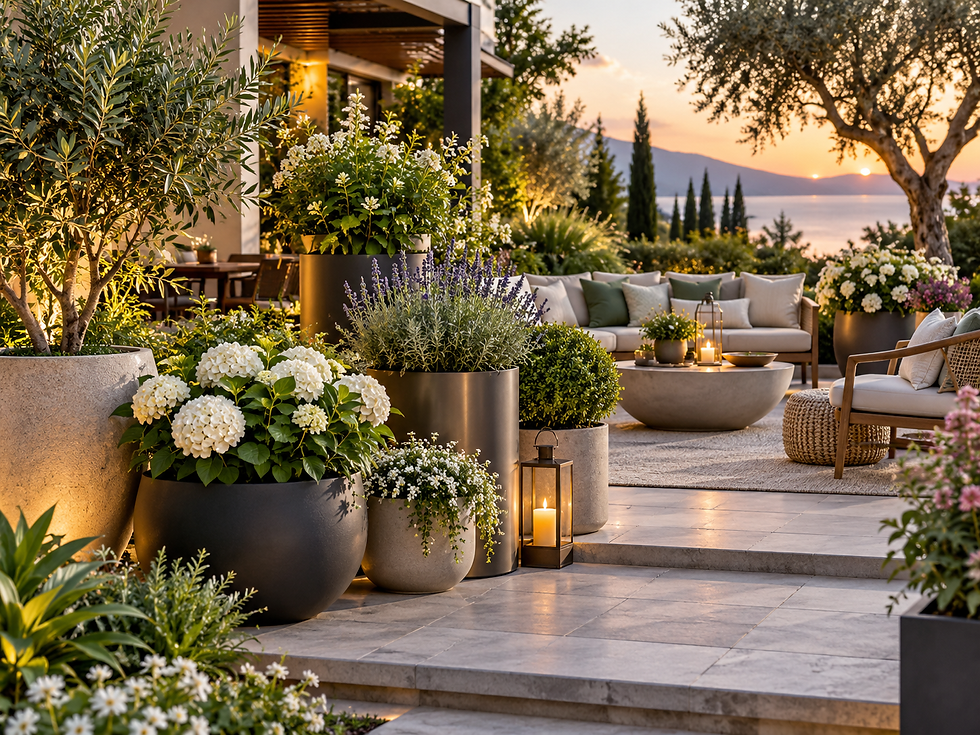 Stilvolles Gartenstyling mit Pflanzkübeln und Outdoor-Möbel