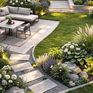 Modernes Gartendesign mit verschiedenen Ebenen