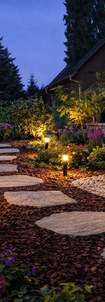 Gartenbeleuchtung bei Nacht mit LED-Wegleuchten, beleuchteten Wasserspiel und Natursteinplatten in Berlin