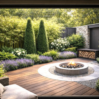 Runder Sitzbereich mit Holzdeck und Feuerstelle