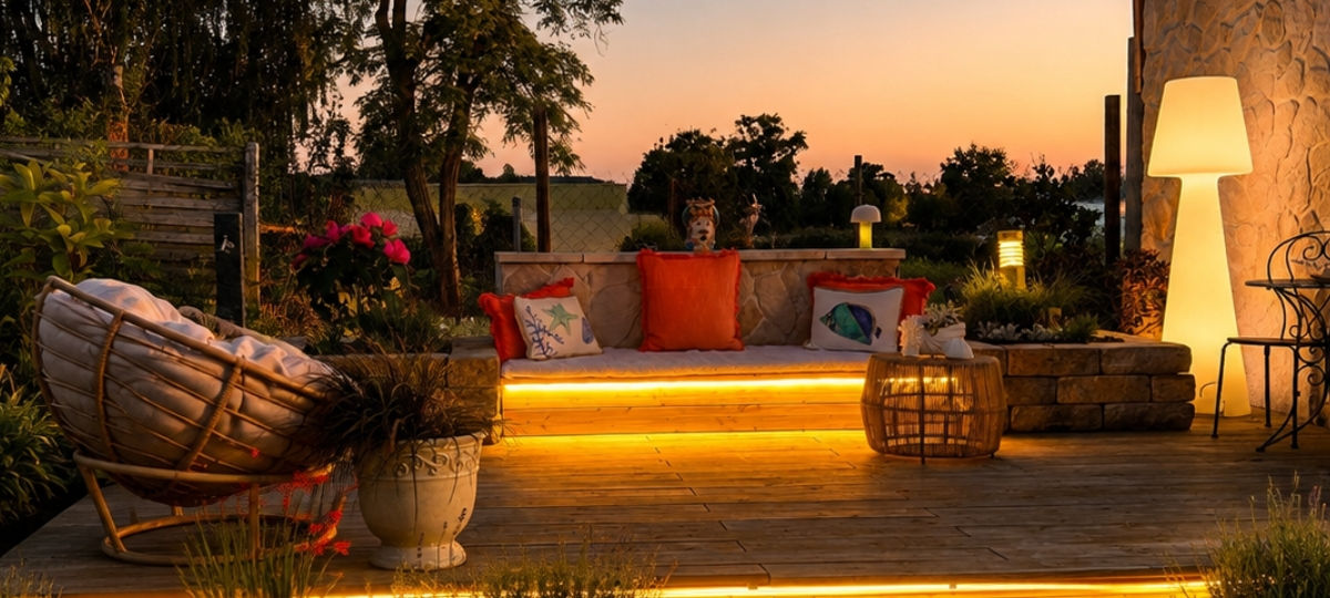 Holzterrasse mit stimmungsvoller Beleuchtung und Loungebereich