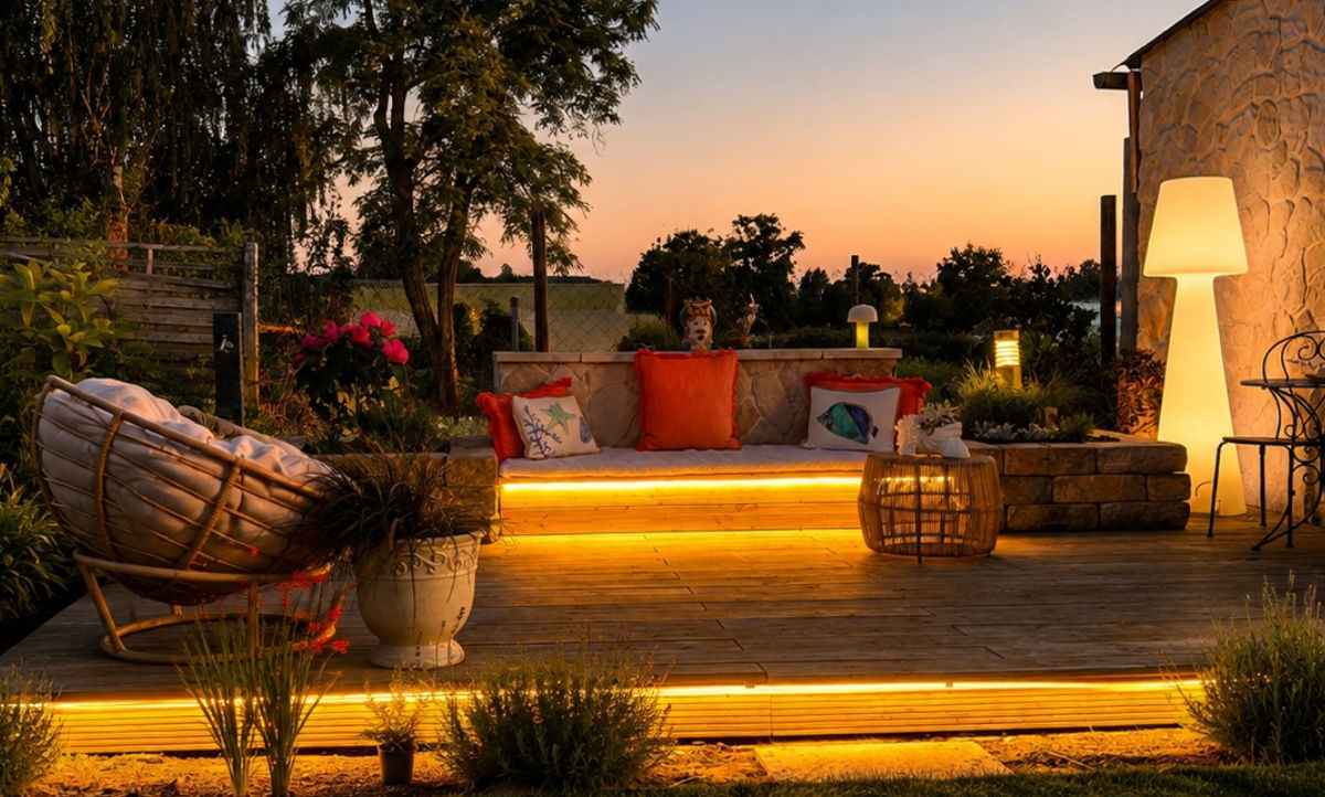 Beleuchtete Holzterrasse - mit Naturstei Hochbeeten und Gräßern - Lavendel - und Stauden inmitten einer gemütlichen Sitzlounge