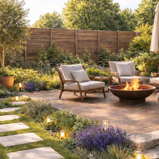 Moderner Garten mit Feuerstelle und Loungecke