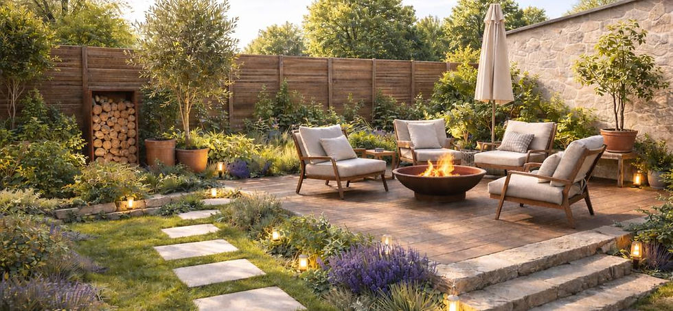 Terrasse mit Feuerstelle, Loungemöbeln und moderner Gartenbepflanzung