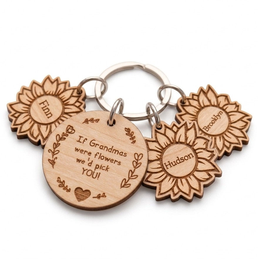 Thumbnail: Grandma’s Bouquet | Personalized Wooden Sunflower Keyring