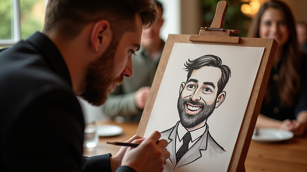 Close-up view of a caricature artist drawing a funny portrait of a guest at a party