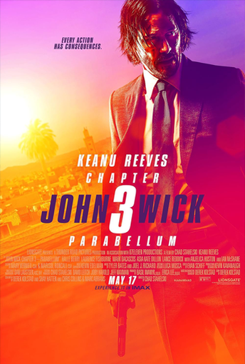John Wick Chapter 3 Parabellum 2019 movie poster featuring Keanu Reeves as John Wick with action scene background - media strategy by Focus Media.