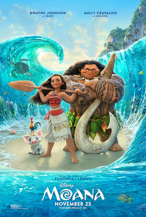 Moana 2016 Disney movie poster featuring Moana, Maui, Pua, and Hei Hei with ocean backdrop - media strategy by Focus Media
