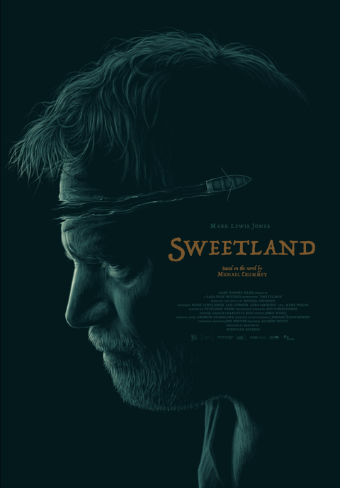 Sweetland 2021 movie poster featuring Mark Lewis Jones in a dark and moody profile shot, based on the novel by Michael Crummey - media strategy by Focus Media.