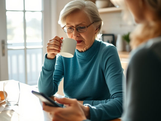 A senior woman in a green sweater sits at a table, holding a white coffee mug and looking thoughtfully at her smartphone. She is in a bright, modern setting with another person partially visible in the foreground, suggesting a comfortable discussion about her retirement plans.