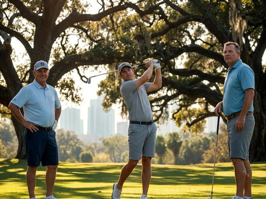 Three men in golfing attire stand on a vibrant green golf course fairway under the sprawling branches of a large, mature live oak tree draped with Spanish moss. The central figure is mid-swing, holding a golf club high, while the other two men stand on either side watching. In the hazy distance, the distinct modern skyline of downtown Houston is visible beneath a bright sky.
