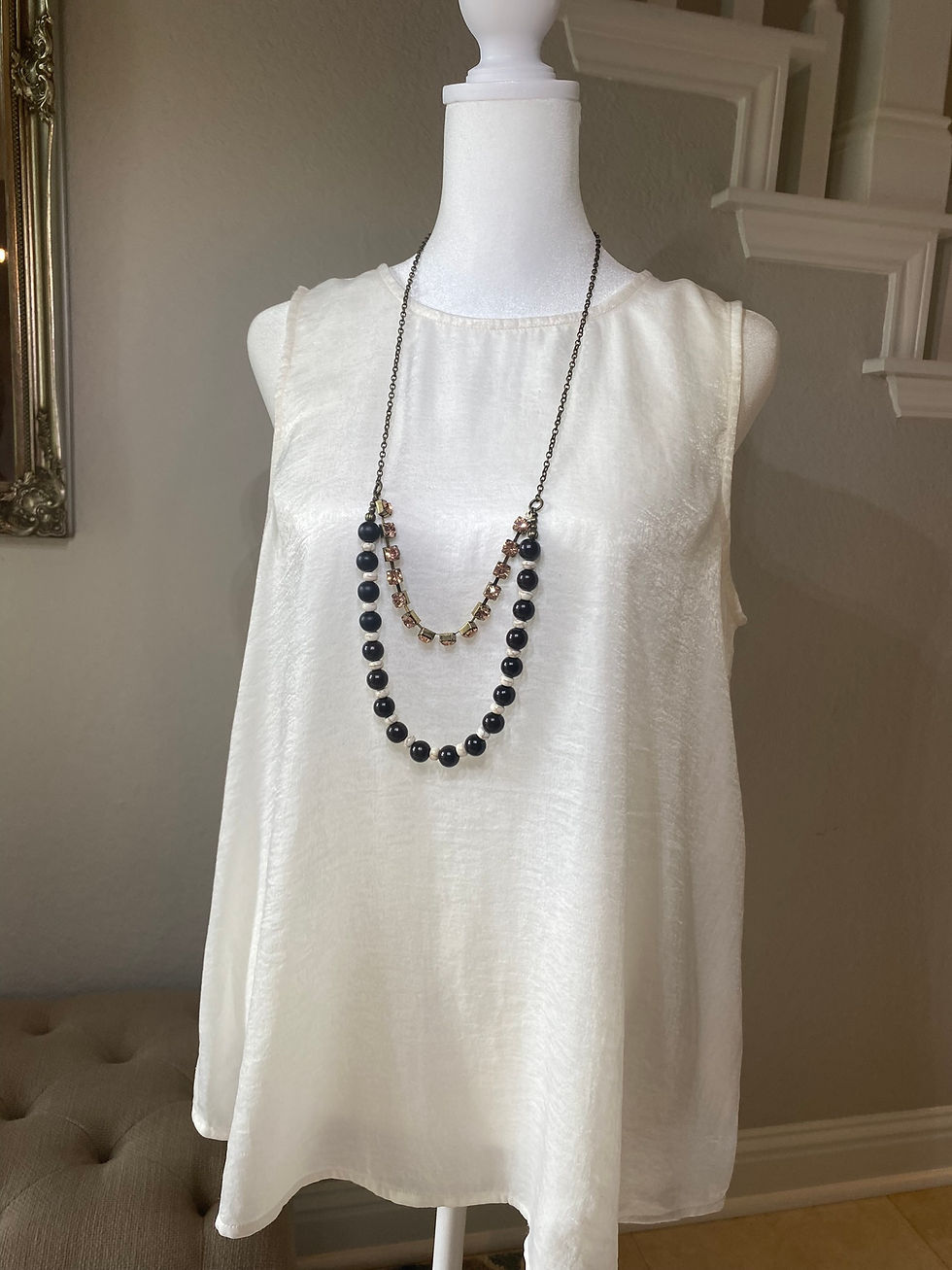 Thumbnail: Dark Wooden and Howlite with Antique Brass Necklace and Pink Rhinestones