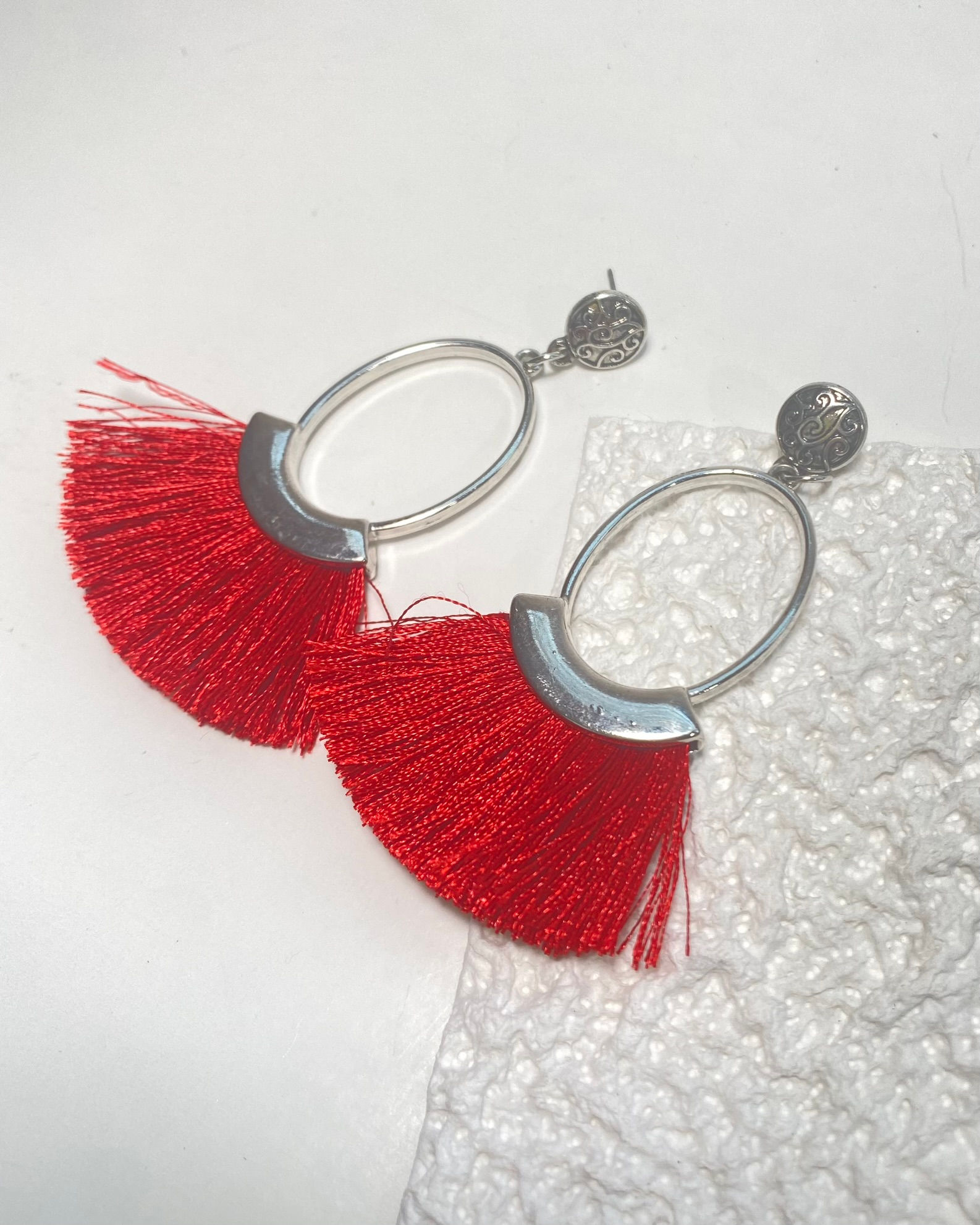 Silver and Red Tassel Bead Drop Earrings