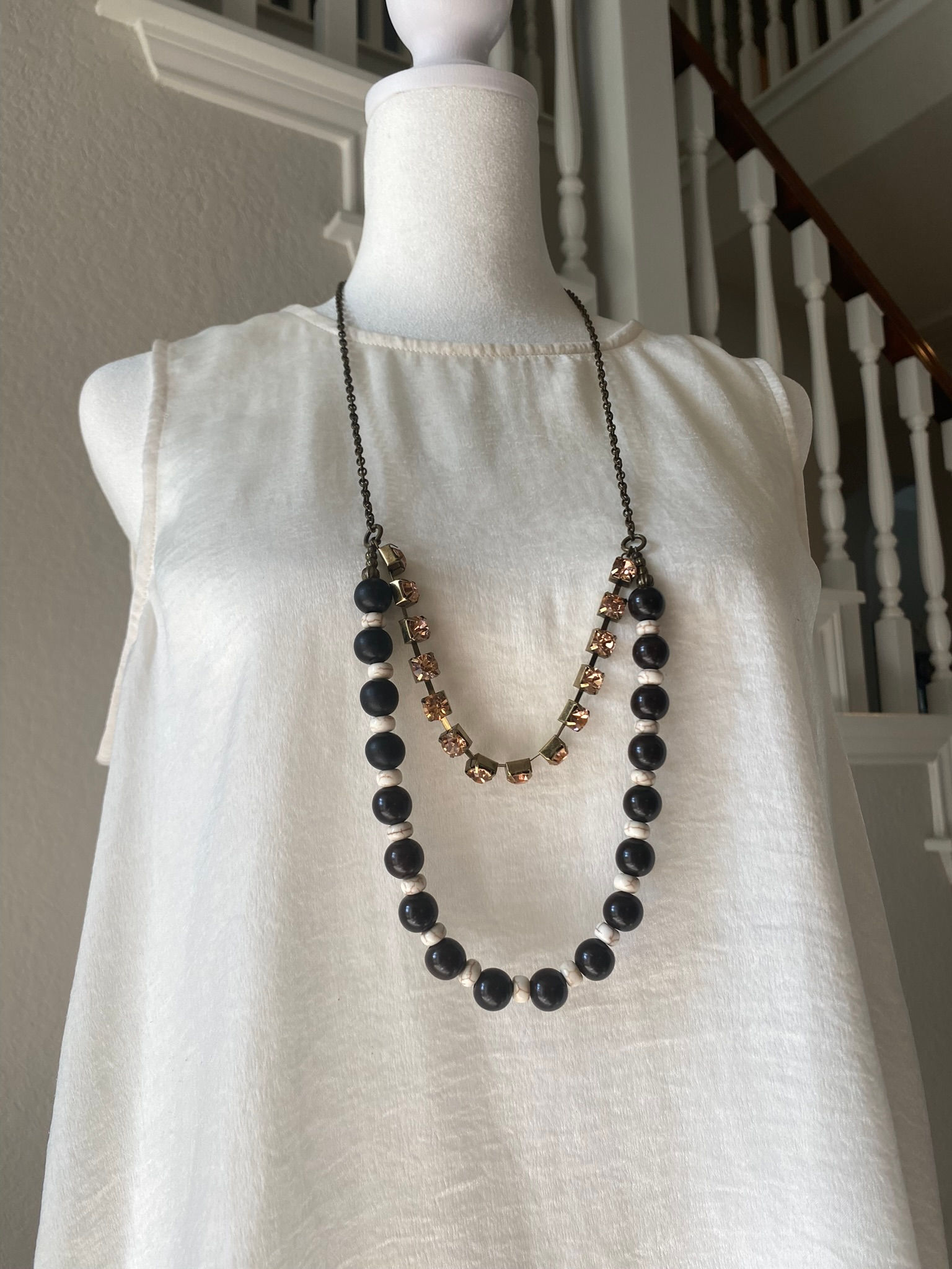 Dark Wooden and Howlite with Antique Brass Necklace and Pink Rhinestones