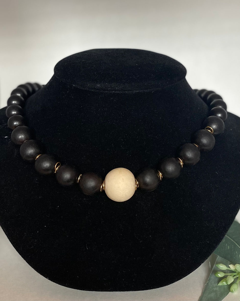 Thumbnail: Chocolate Brown Wooden and Cream Accent Necklace