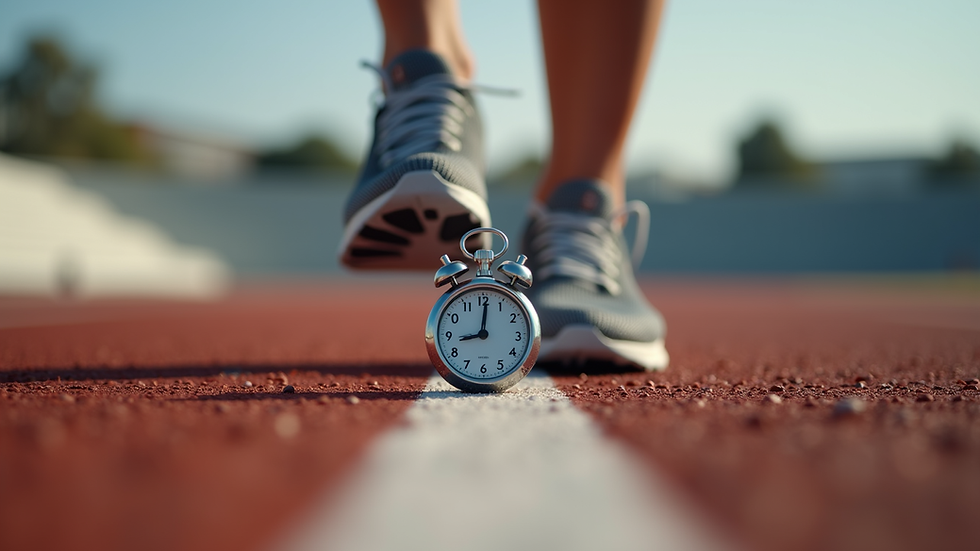 Close-up view of running shoes on a track with a stopwatch