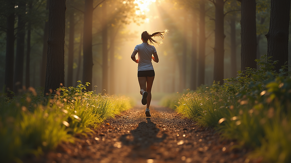 Eye-level view of a woman running on a forest trail