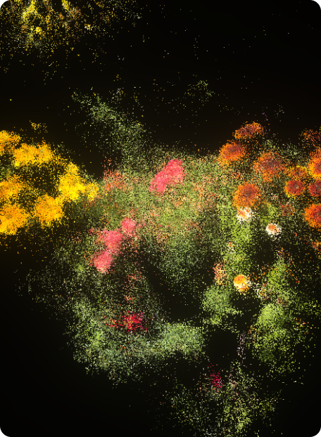 A digital painting of yellow, pink and orange flowers surrounded by greenery with a dark background. Image via ASTRAL Kreativ GmbH.